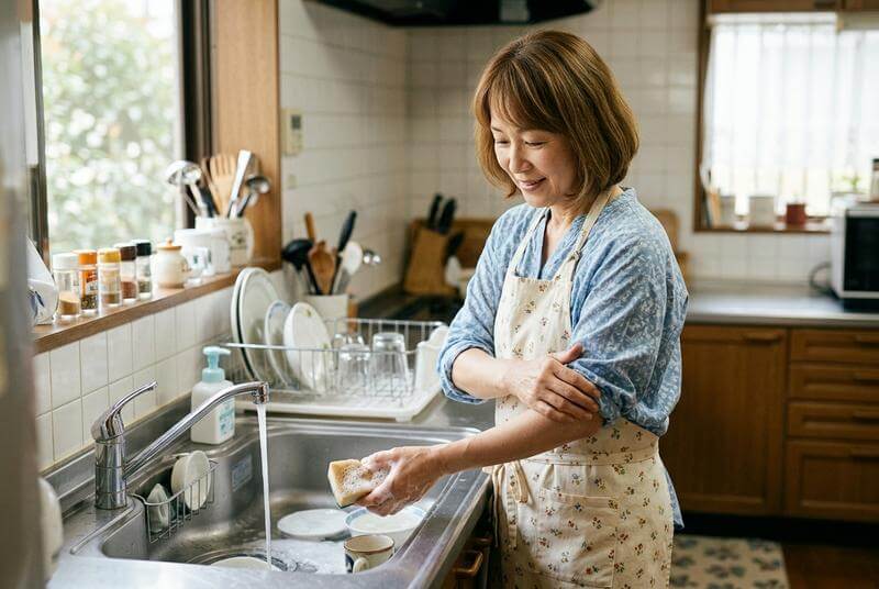 家事の途中で右ひじを押さえる50代女性